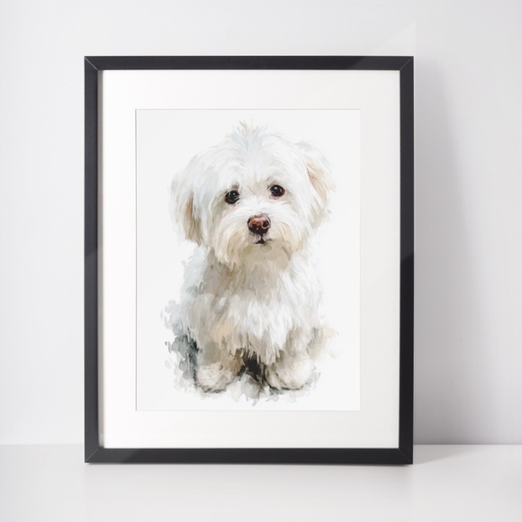 Watercolor White Maltese Dog Portrait Wall Art Print Poster, Unframed - Picture 3 of 6